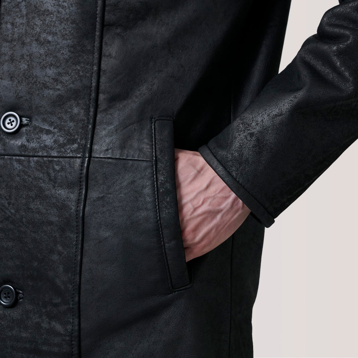 Cai Distressed Black Leather Shearling Coat - men's coat in black leather, view 6