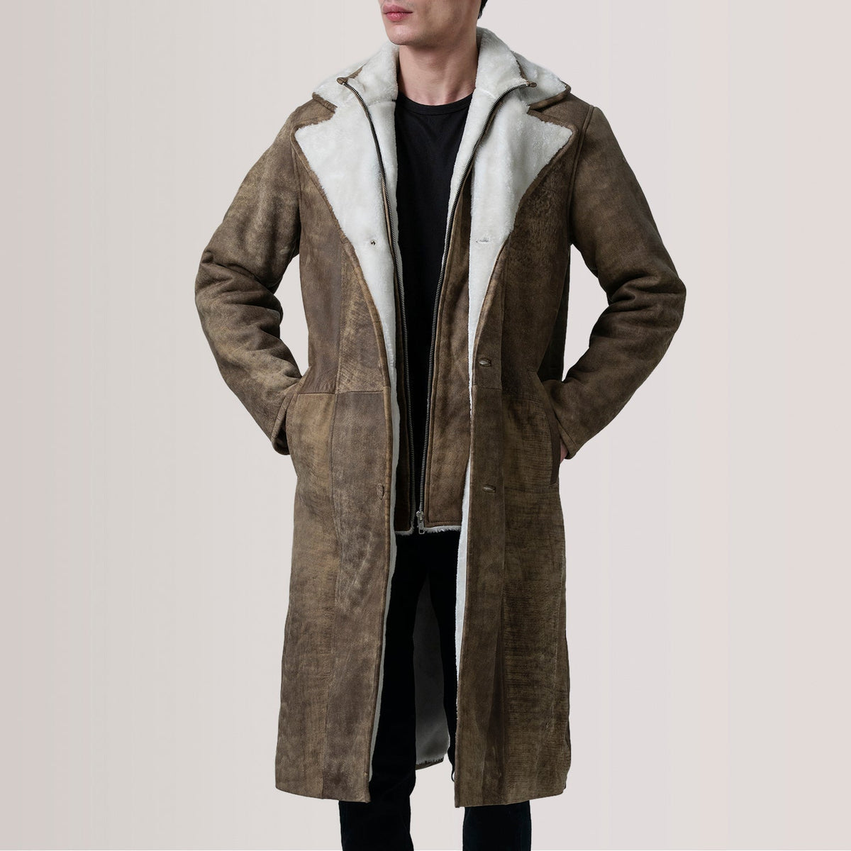Cai Distressed Brown Leather Shearling Coat - men's coat in brown leather, view 1