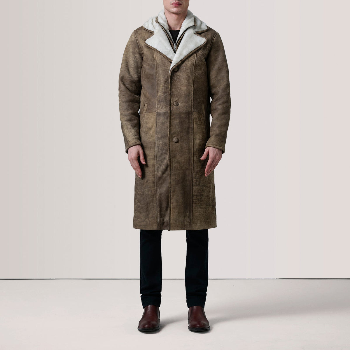 Cai Distressed Brown Leather Shearling Coat - men's coat in brown leather, view 2