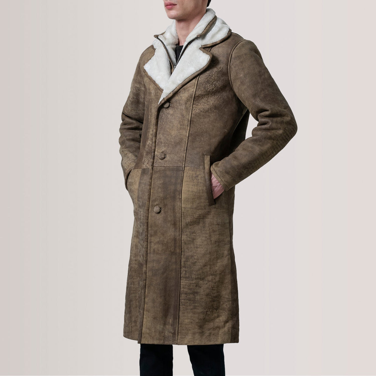 Cai Distressed Brown Leather Shearling Coat - men's coat in brown leather, view 3