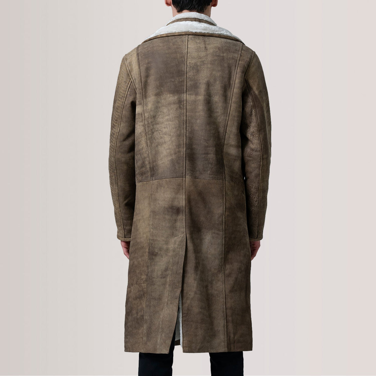 Cai Distressed Brown Leather Shearling Coat - men's coat in brown leather, view 4
