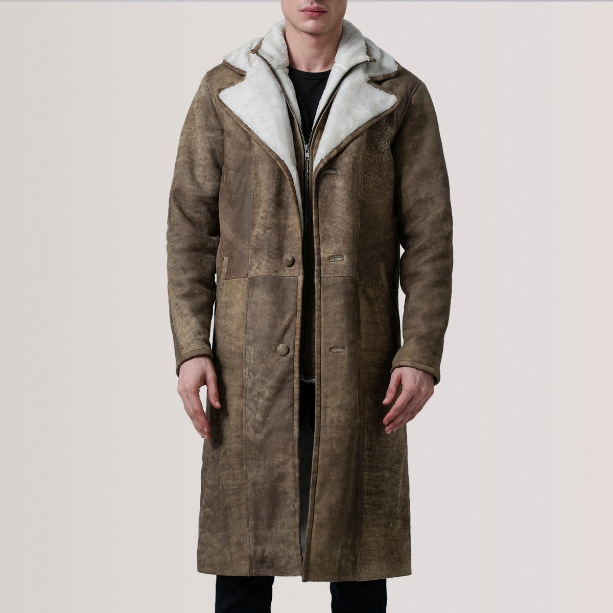 Cai Distressed Brown Leather Shearling Coat - men's coat in brown leather, view 5