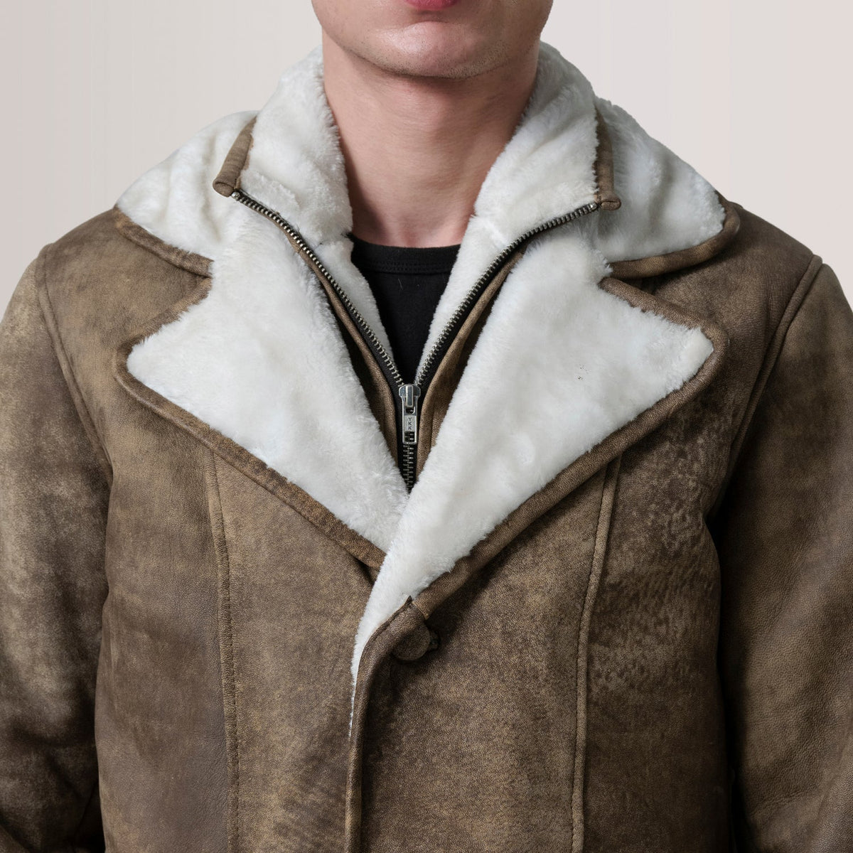 Cai Distressed Brown Leather Shearling Coat - men's coat in brown leather, view 6