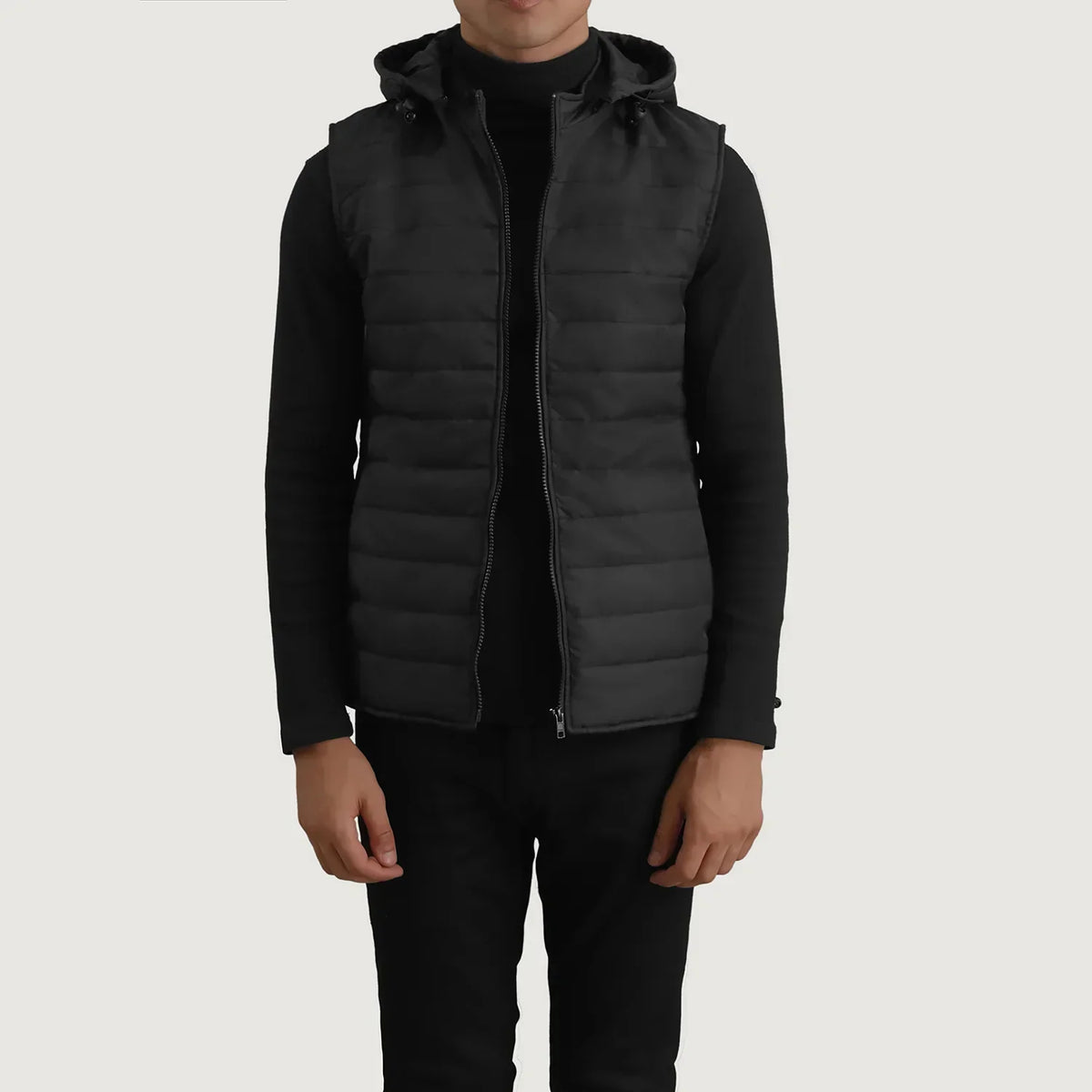 Carlo Black Hooded Puffer Vest - men's vest in black nylon-polyester fabric, view 1