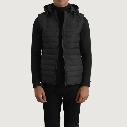 Carlo Black Hooded Puffer Vest - men's vest in black nylon-polyester fabric, view 1