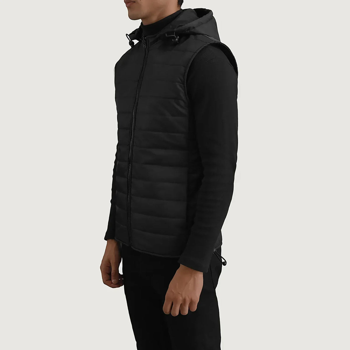 Carlo Black Hooded Puffer Vest - men's vest in black nylon-polyester fabric, view 2