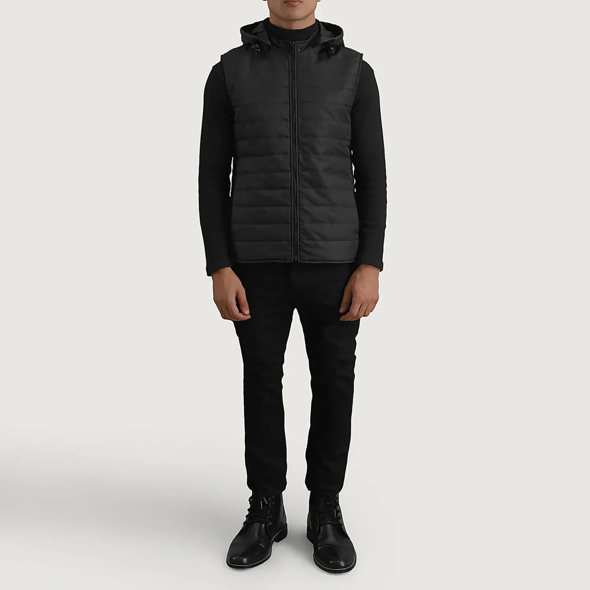 Carlo Black Hooded Puffer Vest - men's vest in black nylon-polyester fabric, view 3