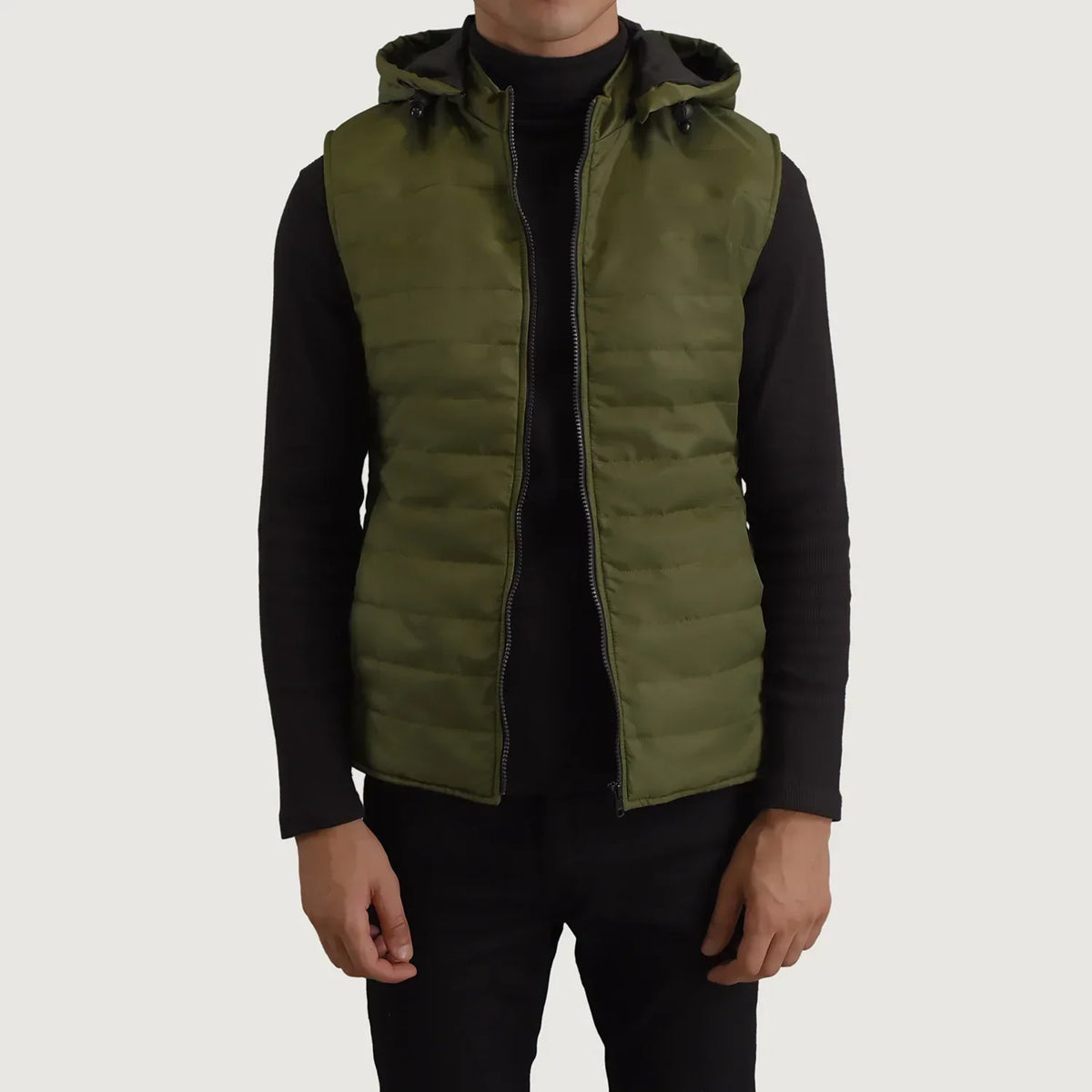 Carlo Green Hooded Puffer Vest - men's vest in green nylon-polyester fabric, view 1