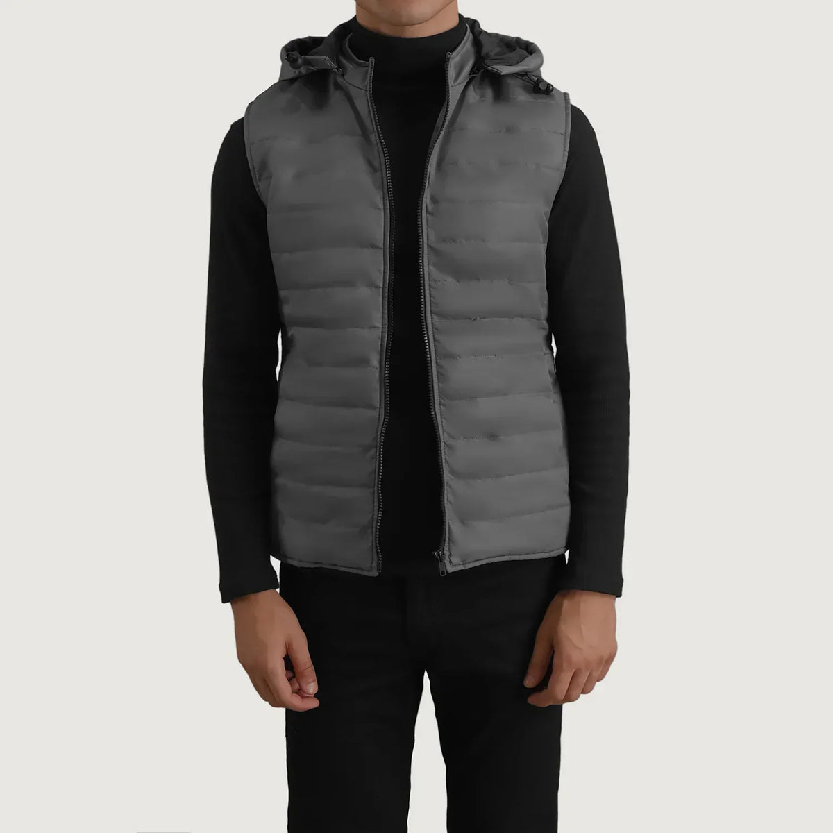 Carlo Grey Hooded Puffer Vest - men's vest in grey nylon-polyester fabric, view 1