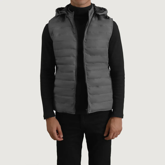 Carlo Grey Hooded Puffer Vest - men's vest in grey nylon-polyester fabric, view 1