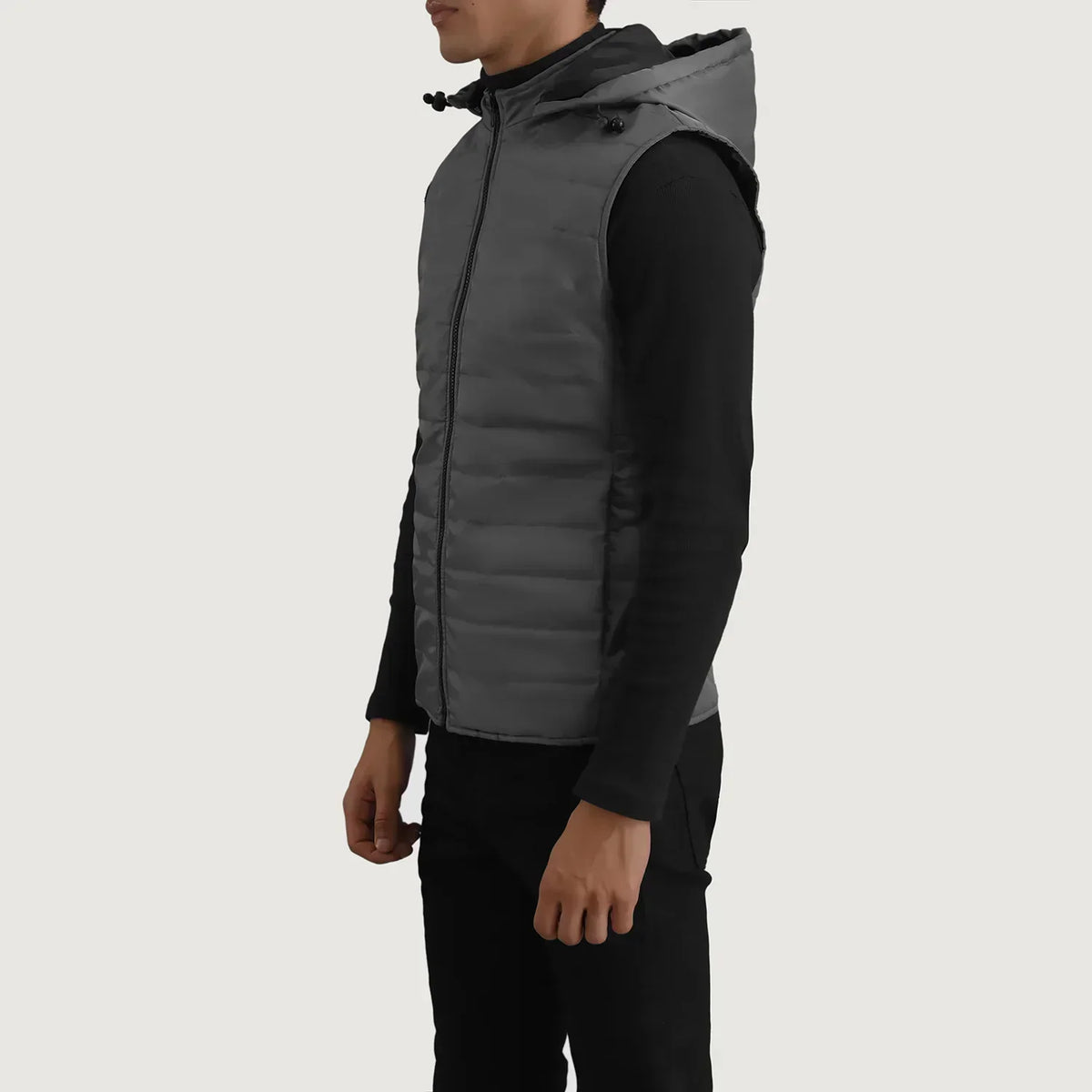 Carlo Grey Hooded Puffer Vest - men's vest in grey nylon-polyester fabric, view 2
