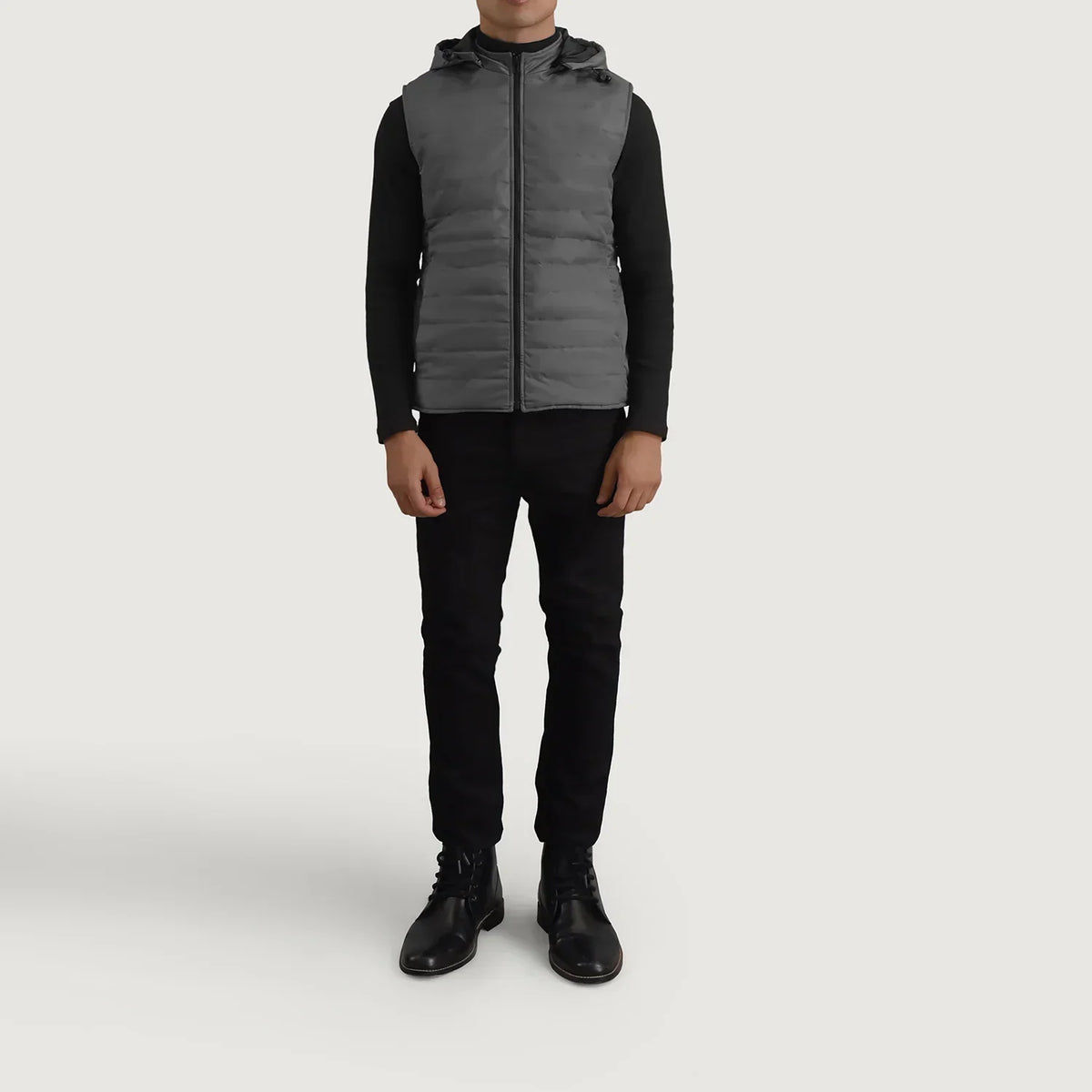 Carlo Grey Hooded Puffer Vest - men's vest in grey nylon-polyester fabric, view 3