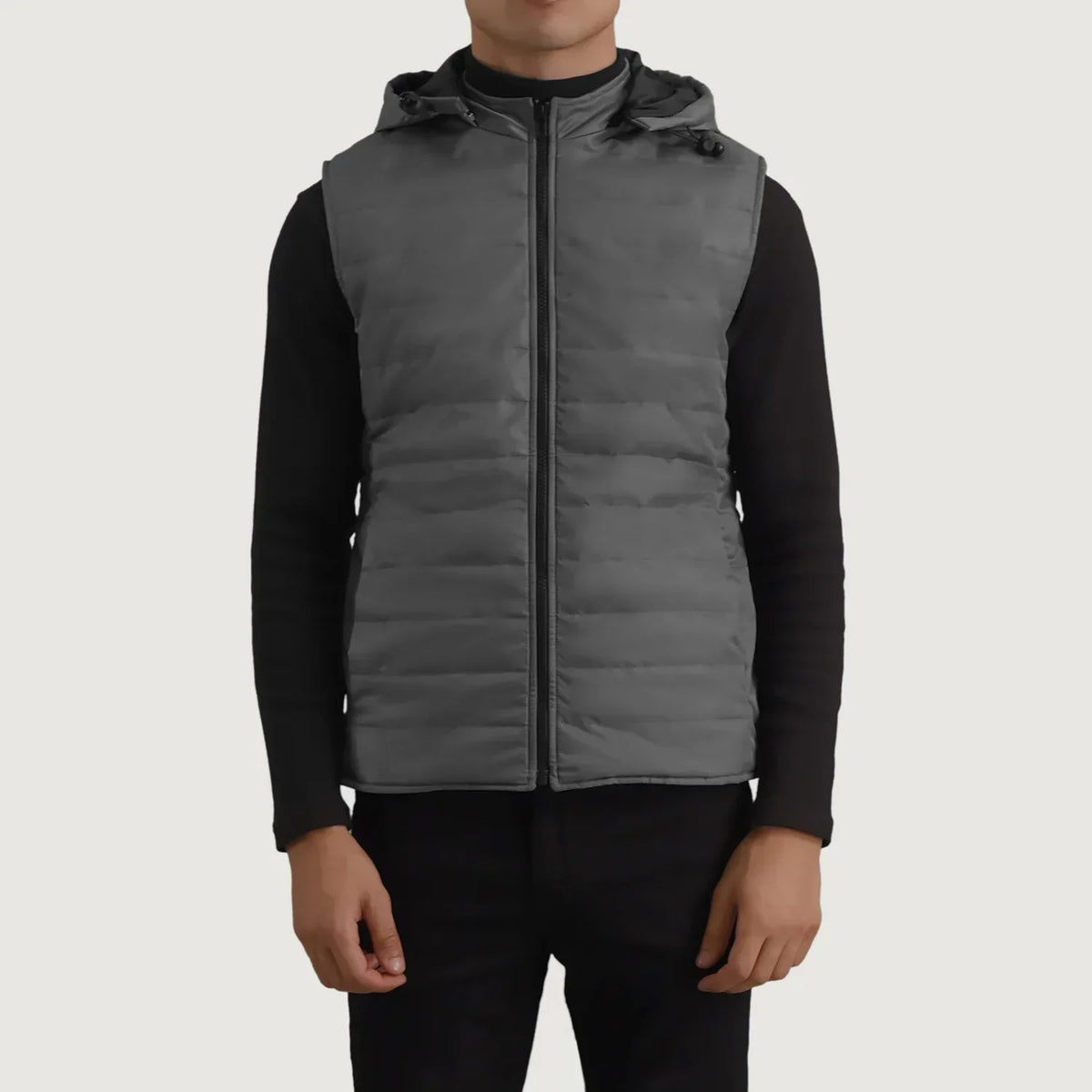 Carlo Grey Hooded Puffer Vest - men's vest in grey nylon-polyester fabric, view 4