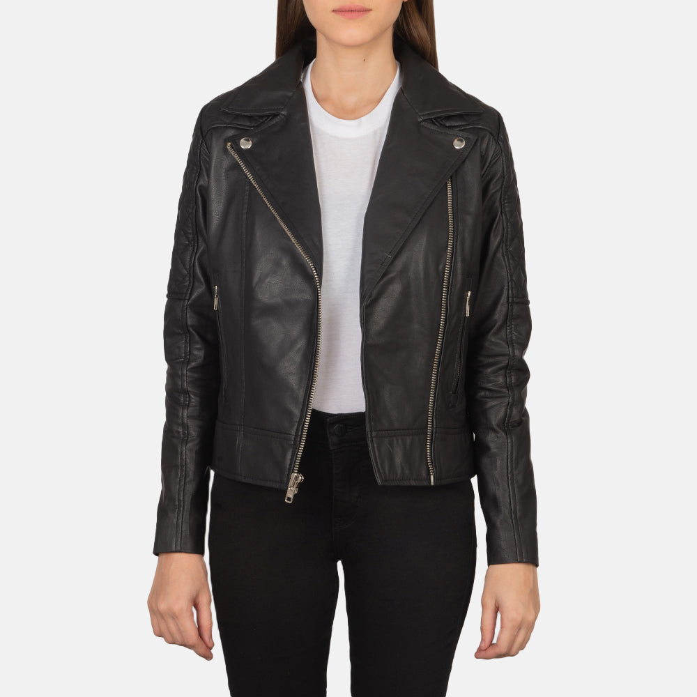 Carolyn Quilted Black Biker Jacket - women's jacket in black sheepskin leather, view 1