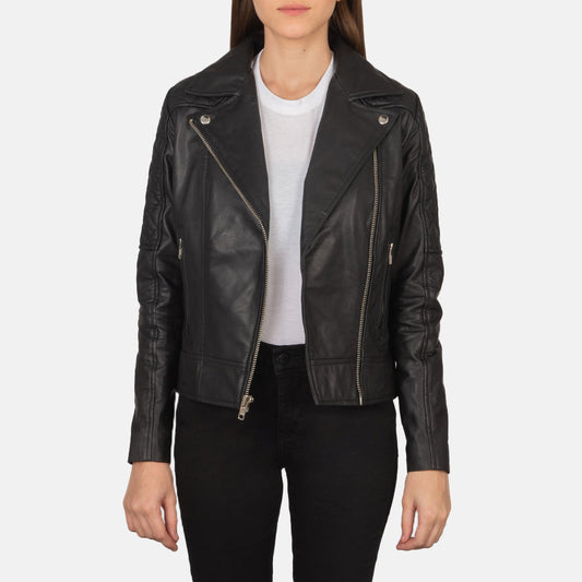 Carolyn Quilted Black Biker Jacket - women's jacket in black sheepskin leather, view 1
