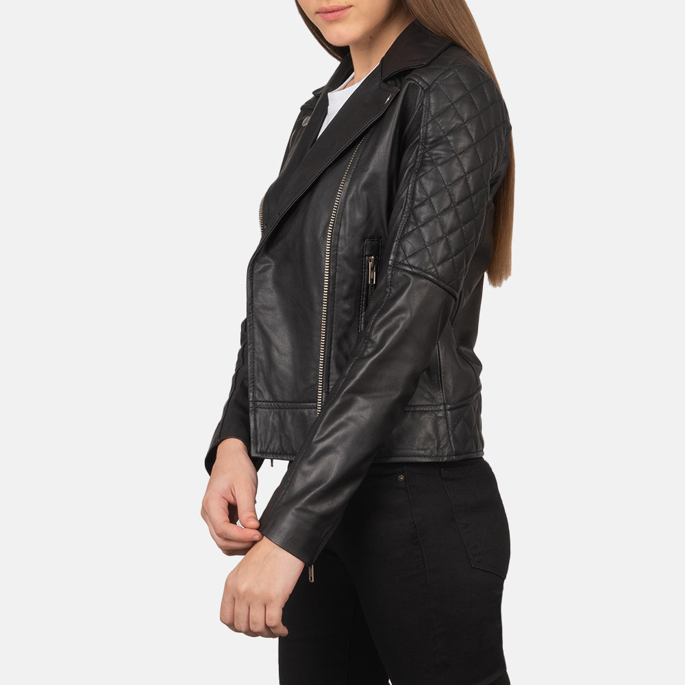 Carolyn Quilted Black Biker Jacket - women's jacket in black sheepskin leather, view 2