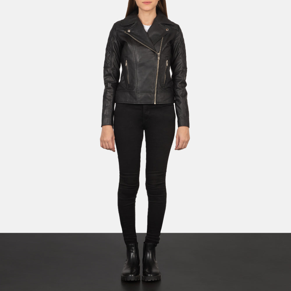 Carolyn Quilted Black Biker Jacket - women's jacket in black sheepskin leather, view 3