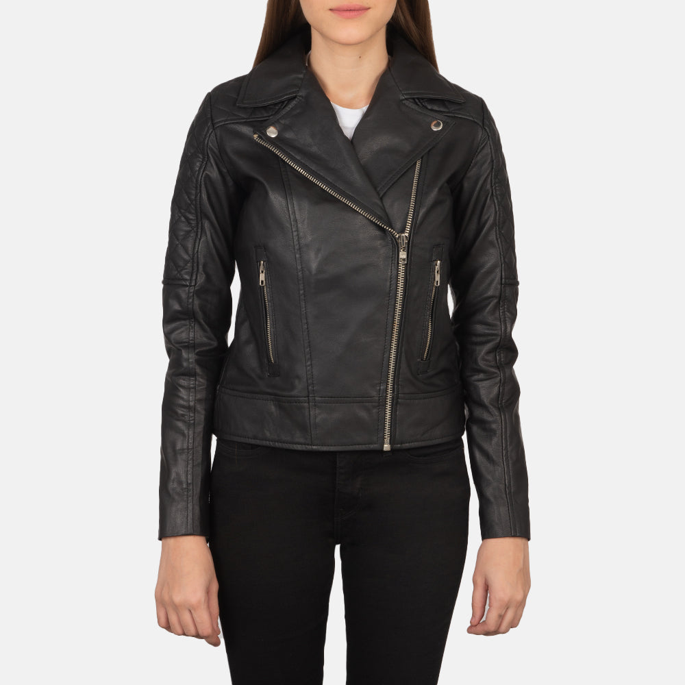 Carolyn Quilted Black Biker Jacket - women's jacket in black sheepskin leather, view 4