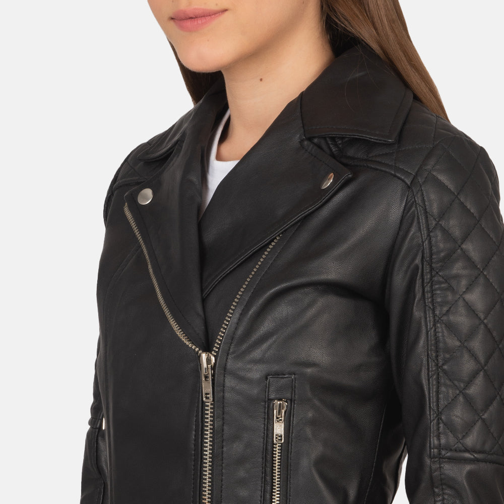 Carolyn Quilted Black Biker Jacket - women's jacket in black sheepskin leather, view 6