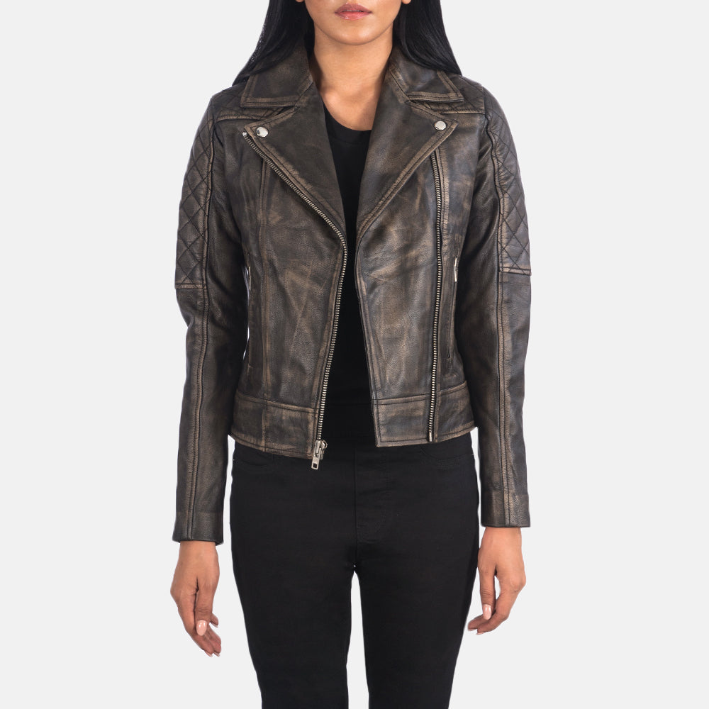 Carolyn Quilted Distressed Brown Biker Jacket - women's jacket in brown goatskin leather, view 1
