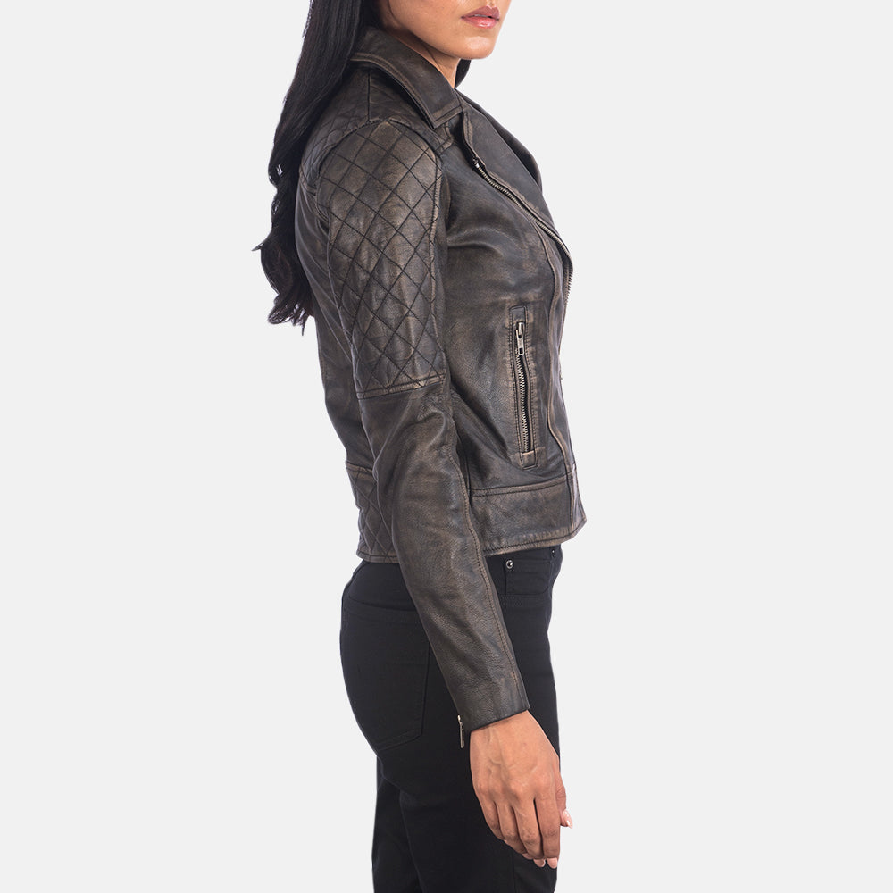 Carolyn Quilted Distressed Brown Biker Jacket - women's jacket in brown goatskin leather, view 2