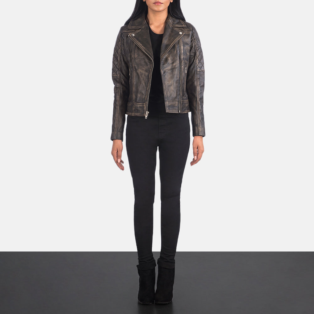 Carolyn Quilted Distressed Brown Biker Jacket - women's jacket in brown goatskin leather, view 3