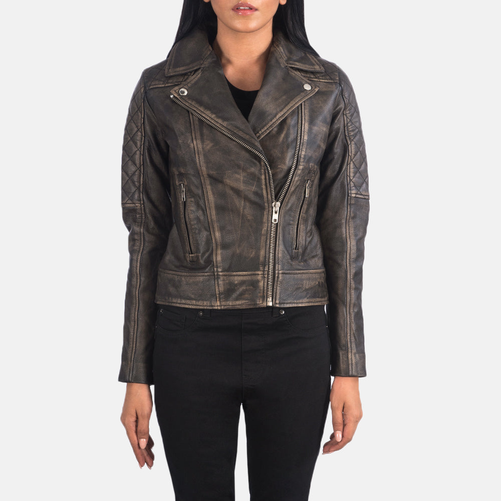 Carolyn Quilted Distressed Brown Biker Jacket - women's jacket in brown goatskin leather, view 4
