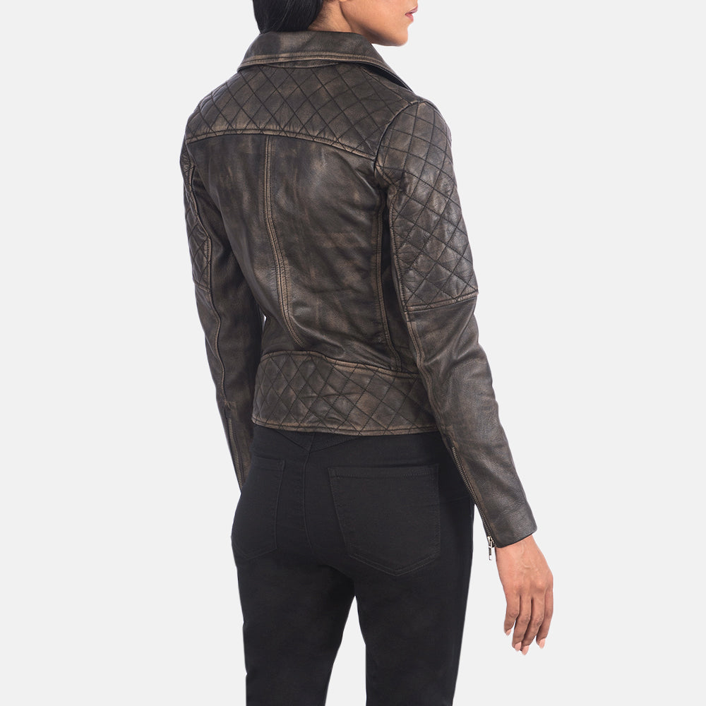 Carolyn Quilted Distressed Brown Biker Jacket - women's jacket in brown goatskin leather, view 5