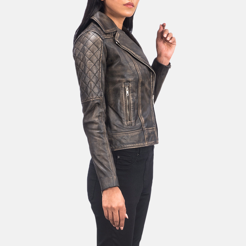 Carolyn Quilted Distressed Brown Biker Jacket - women's jacket in brown goatskin leather, view 6