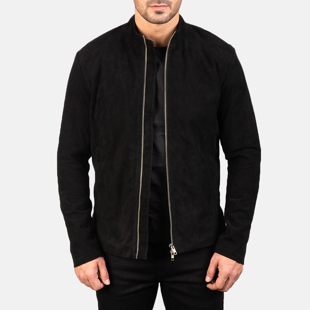 Charcoal Black Suede Biker Jacket - men's jacket in black suede leather, view 1