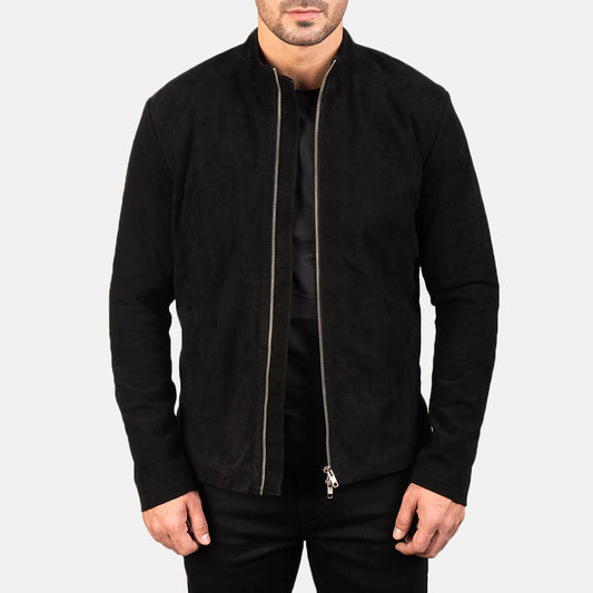 Charcoal Black Suede Biker Jacket - men's jacket in black suede leather, view 1