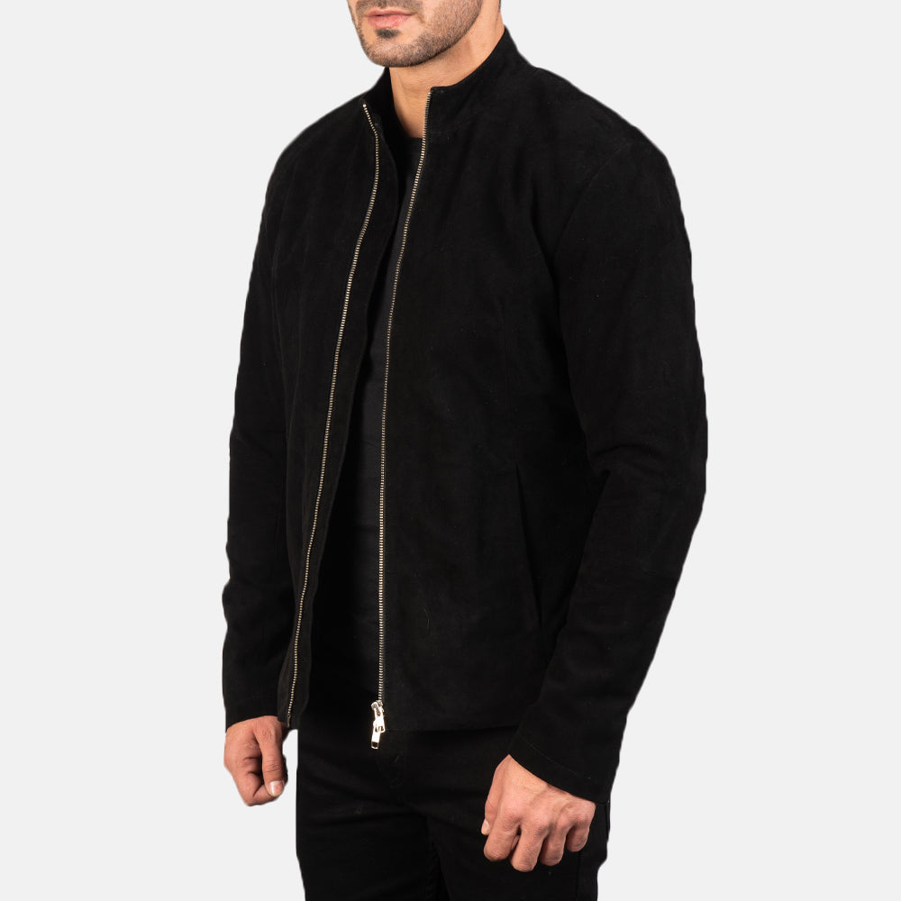 Charcoal Black Suede Biker Jacket - men's jacket in black suede leather, view 2