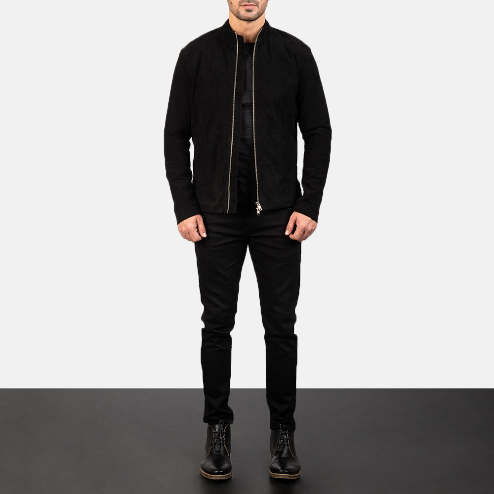 Charcoal Black Suede Biker Jacket - men's jacket in black suede leather, view 3