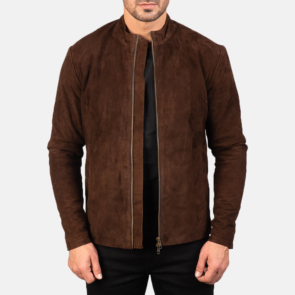 Charcoal Mocha Suede Biker Jacket - men's jacket in mocha suede leather, view 1