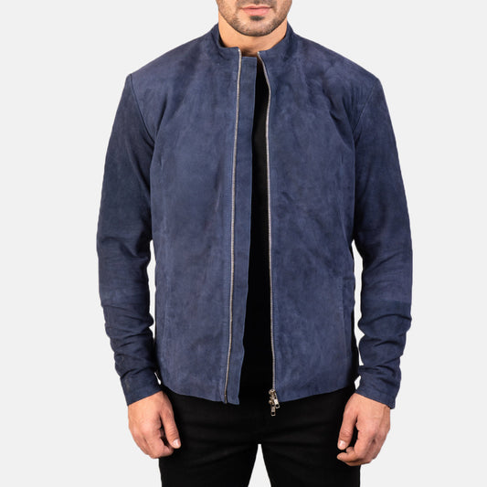 Charcoal Navy Blue Suede Biker Jacket - men's jacket in blue & navy suede leather, view 1