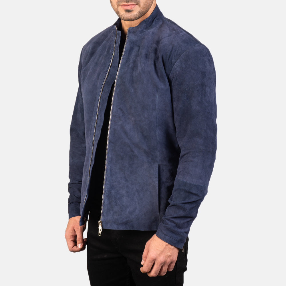 Charcoal Navy Blue Suede Biker Jacket - men's jacket in blue & navy suede leather, view 2