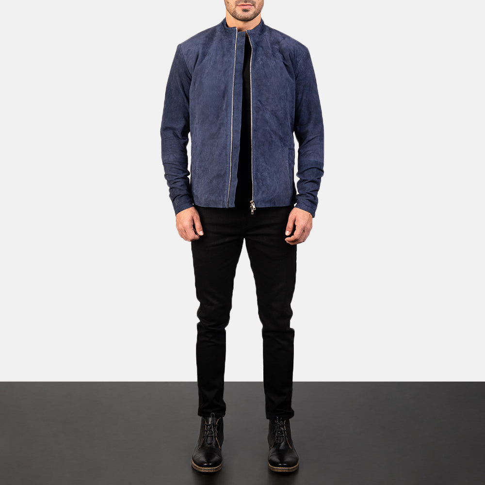 Charcoal Navy Blue Suede Biker Jacket - men's jacket in blue & navy suede leather, view 3