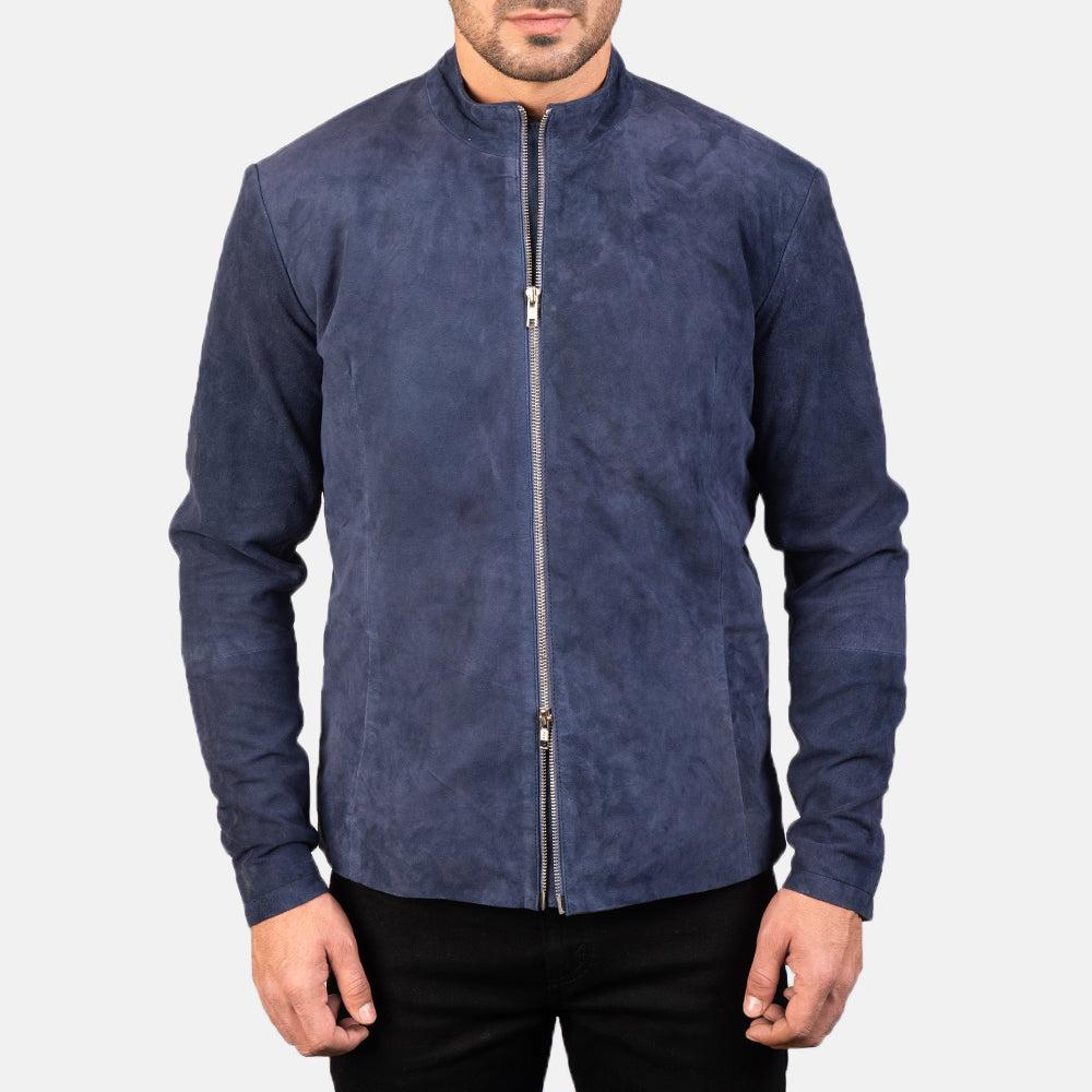Charcoal Navy Blue Suede Biker Jacket - men's jacket in blue & navy suede leather, view 4