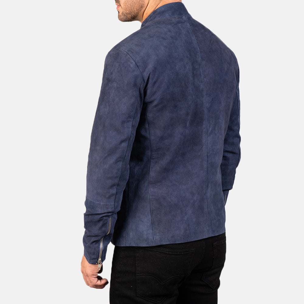 Charcoal Navy Blue Suede Biker Jacket - men's jacket in blue & navy suede leather, view 5
