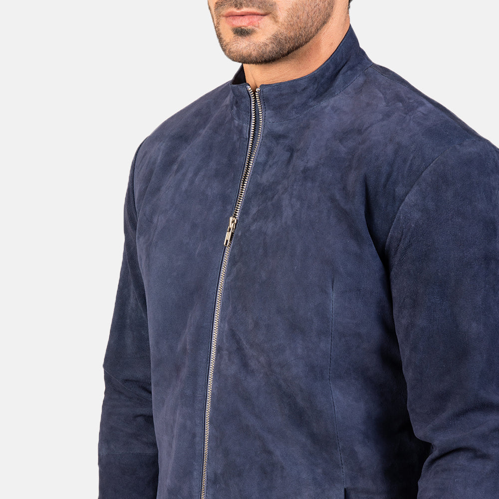 Charcoal Navy Blue Suede Biker Jacket - men's jacket in blue & navy suede leather, view 6
