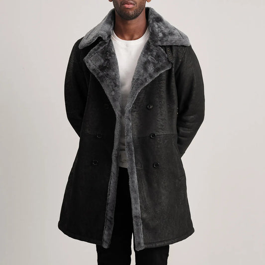Charles Distressed Black Leather Shearling Double-Breasted Coat - men's coat in black sheepskin leather, view 1