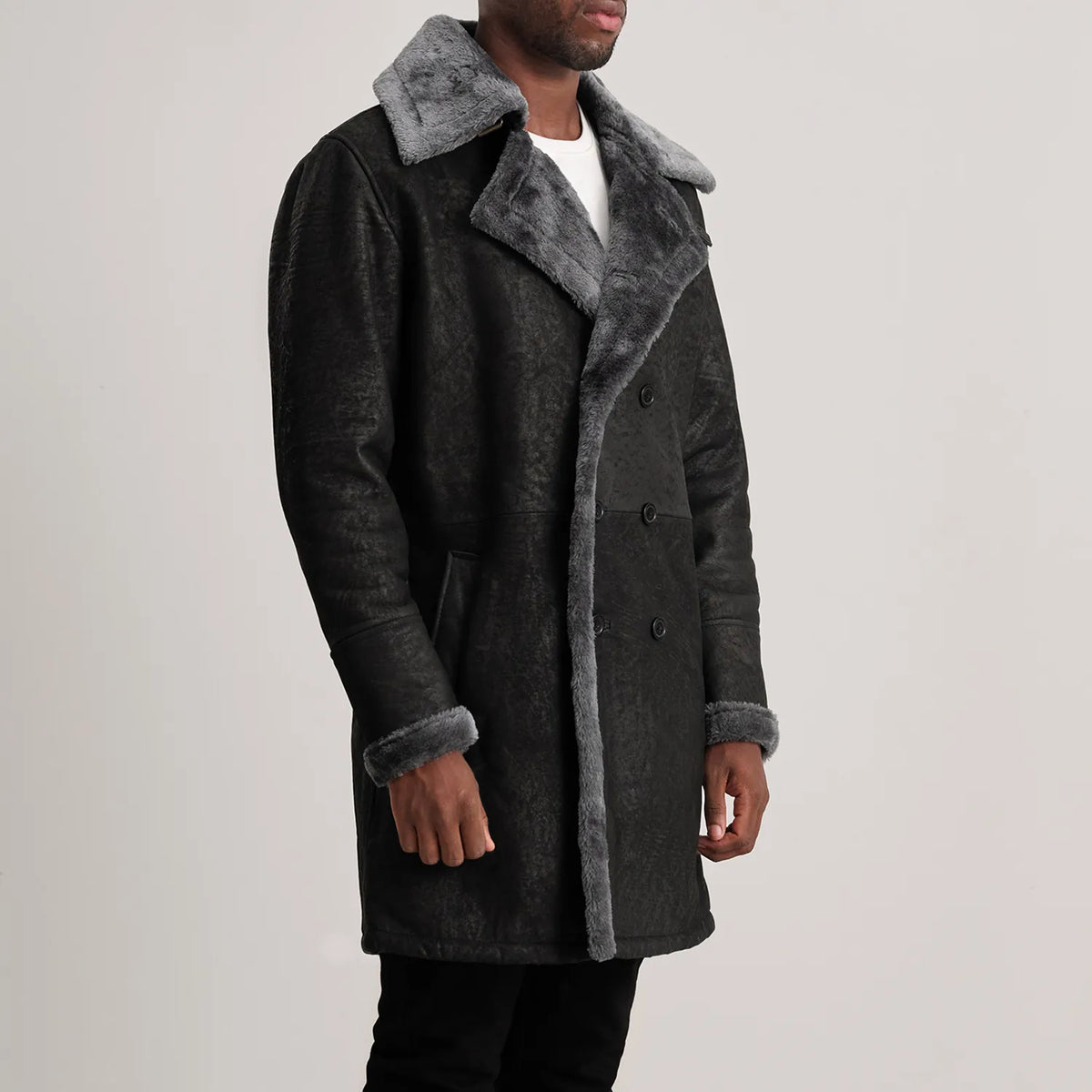 Charles Distressed Black Leather Shearling Double-Breasted Coat - men's coat in black sheepskin leather, view 2
