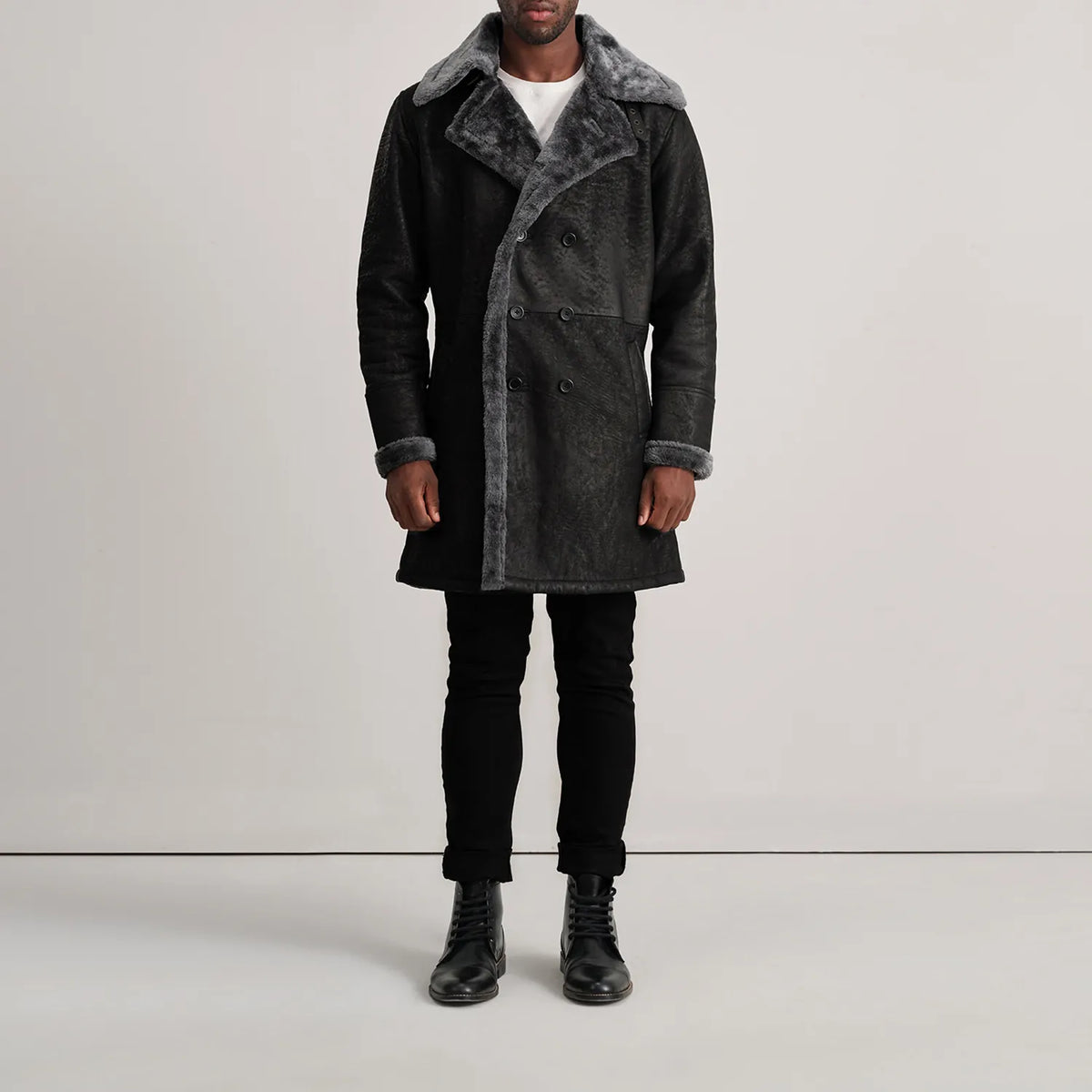 Charles Distressed Black Leather Shearling Double-Breasted Coat - men's coat in black sheepskin leather, view 3