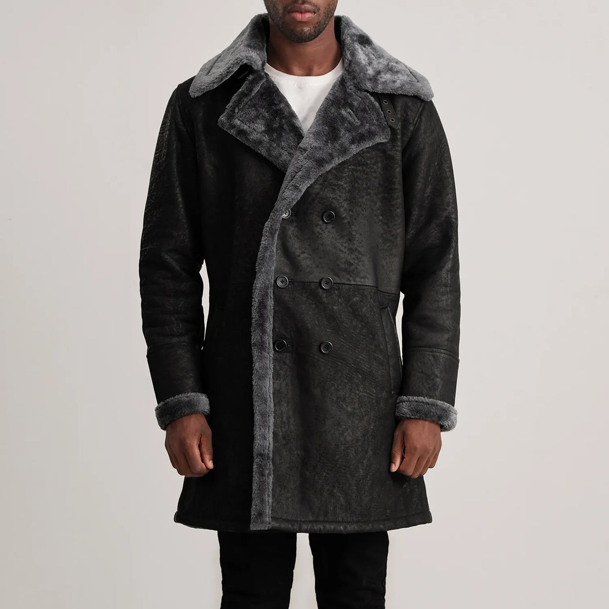 Charles Distressed Black Leather Shearling Double-Breasted Coat - men's coat in black sheepskin leather, view 4