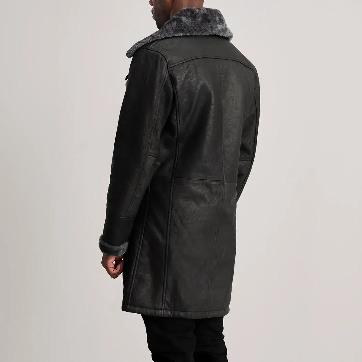 Charles Distressed Black Leather Shearling Double-Breasted Coat - men's coat in black sheepskin leather, view 5