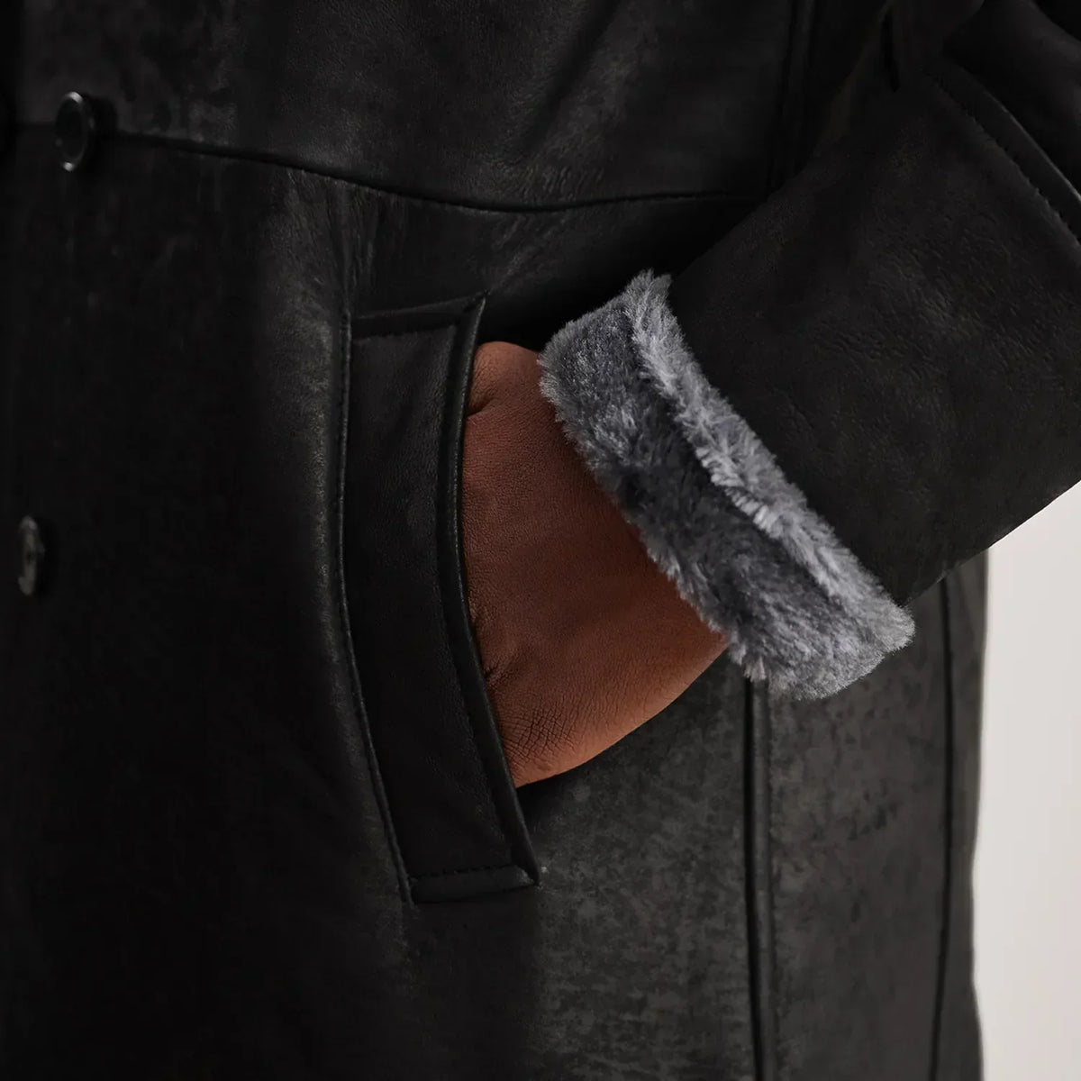 Charles Distressed Black Leather Shearling Double-Breasted Coat - men's coat in black sheepskin leather, view 6