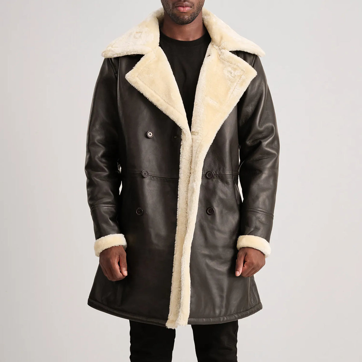 Charles Brown Leather Shearling Double-Breasted Coat - men's coat in brown sheepskin leather, view 1