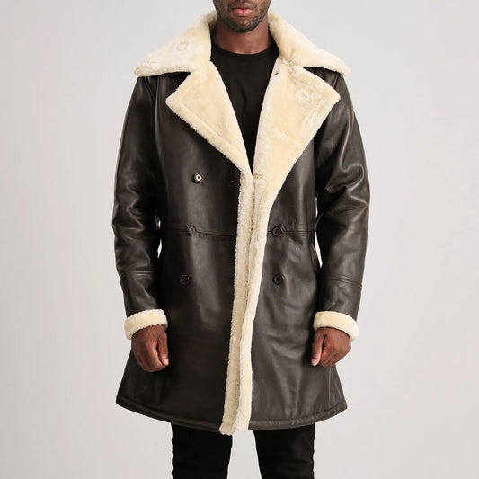 Charles Brown Leather Shearling Double-Breasted Coat - men's coat in brown sheepskin leather, view 1