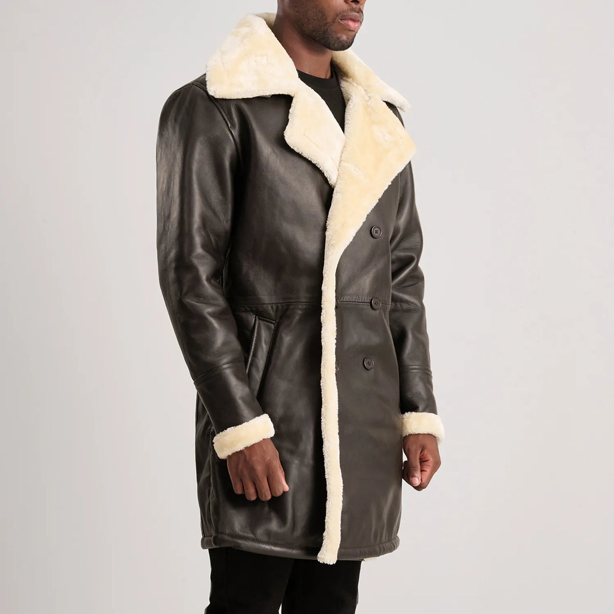 Charles Brown Leather Shearling Double-Breasted Coat - men's coat in brown sheepskin leather, view 2