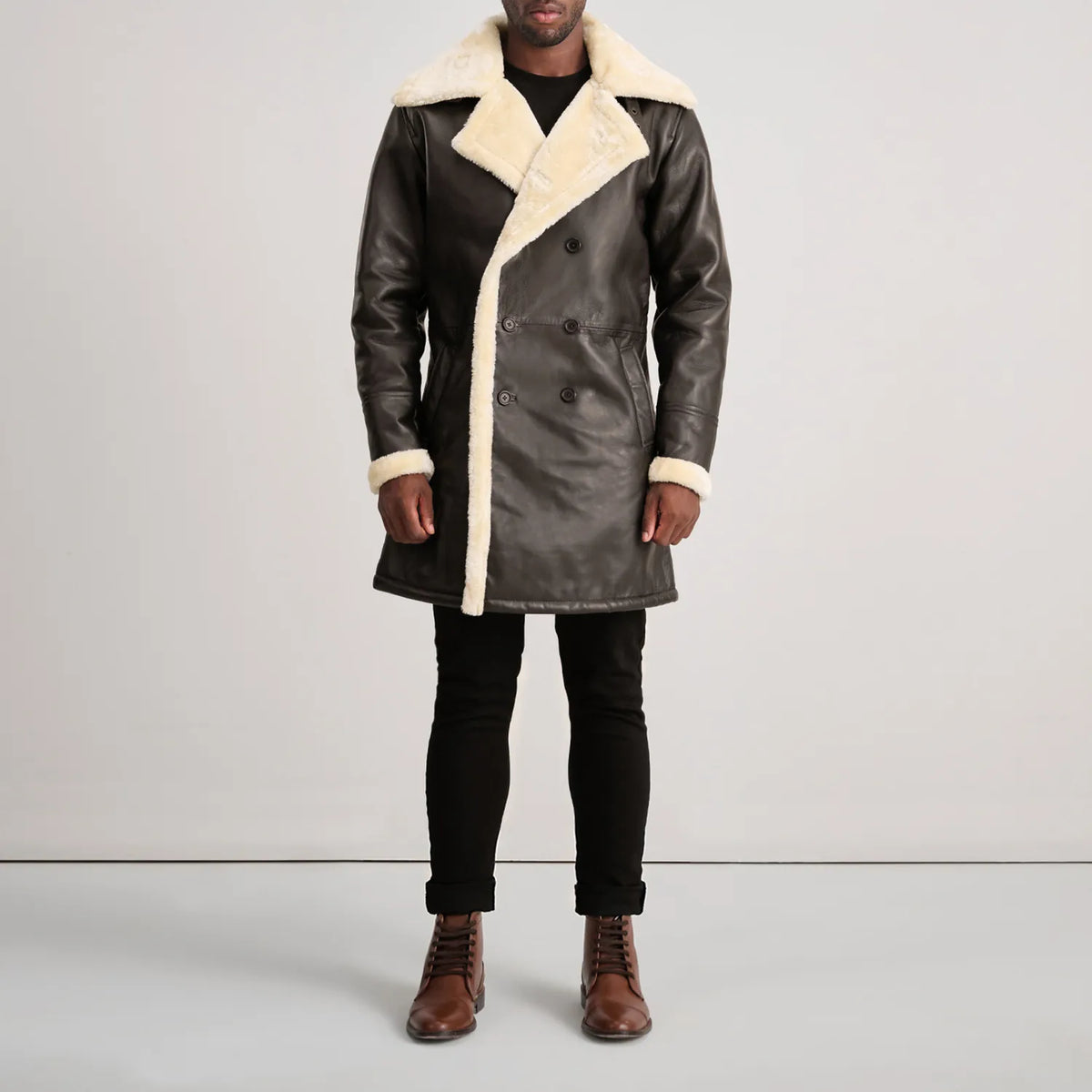 Charles Brown Leather Shearling Double-Breasted Coat - men's coat in brown sheepskin leather, view 3